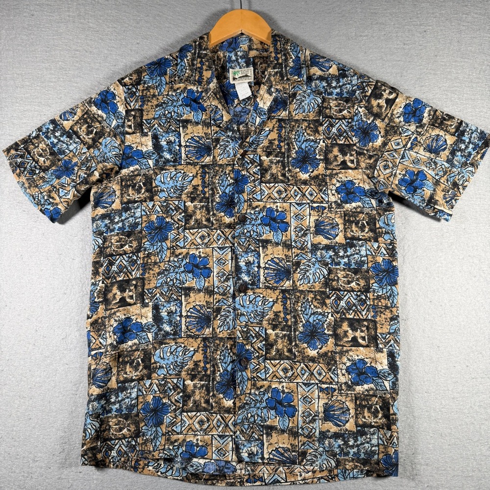 Kalani Designs Mens Hawaiian Shirt Blue Tan Tropical Floral Made in Hawaii M